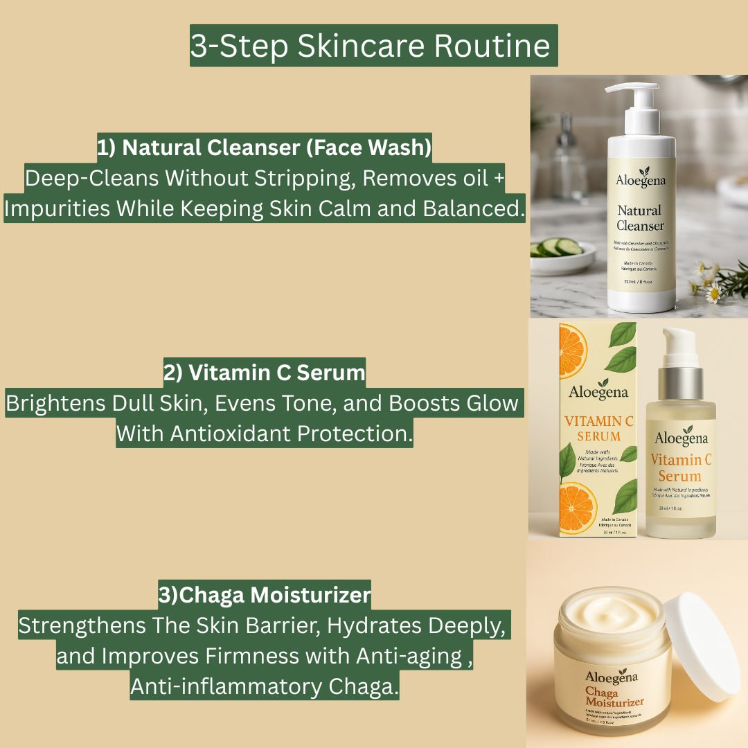Aloegena 3-Step Natural Skincare System – Cleanser + Vitamin C Serum + Chaga Moisturizer • Sulfate-Free • Paraben-Free For Healthy, Glowing and Beautiful Skin